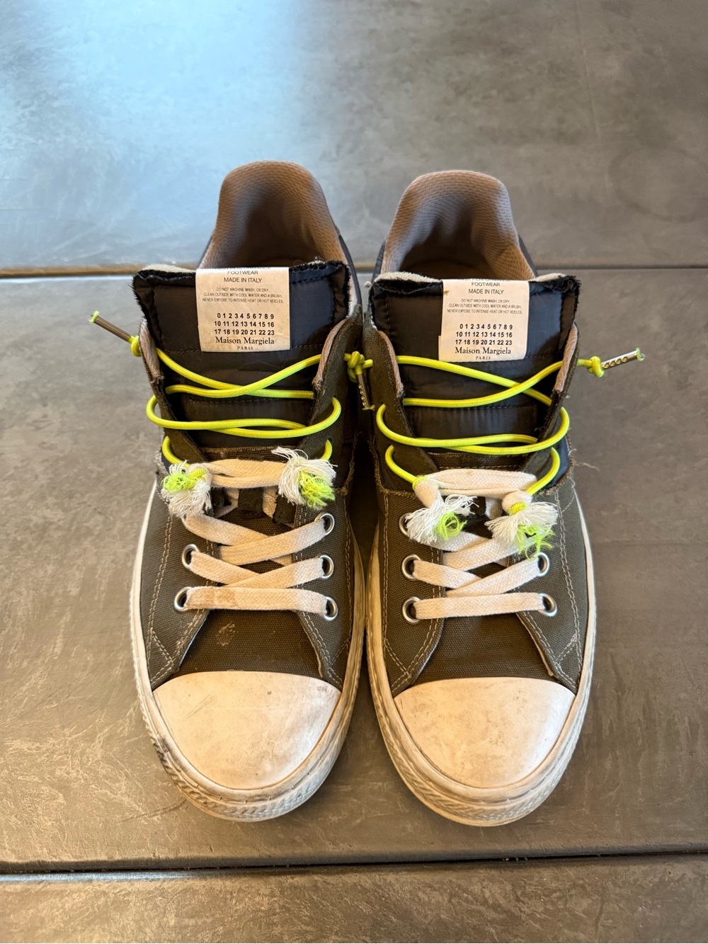 Maison Margiela Olive Sneakers with Neon Yellow Laces